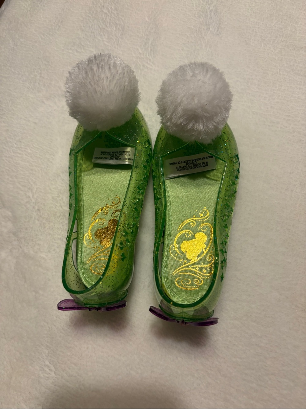 Girls' Disney Green Tinkerbell Sparkle Jelly dress up shoes with White Pom Poms